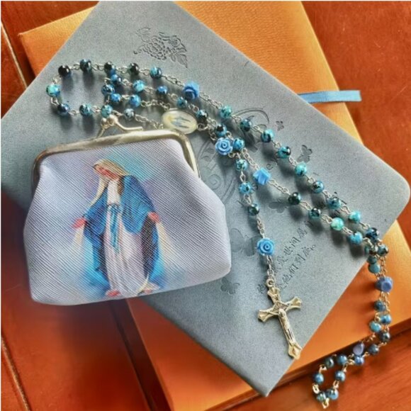 Virgin Mary & Blue Rose Rosary Gift Set - Coin Purse & Necklace, Vintage Religio - Picture 2 of 5